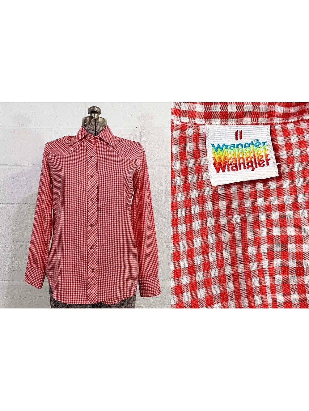 Wrangler Western Shirt Cowboy Gingham Pearl Snap Long Sleeve 1970s Medium Large